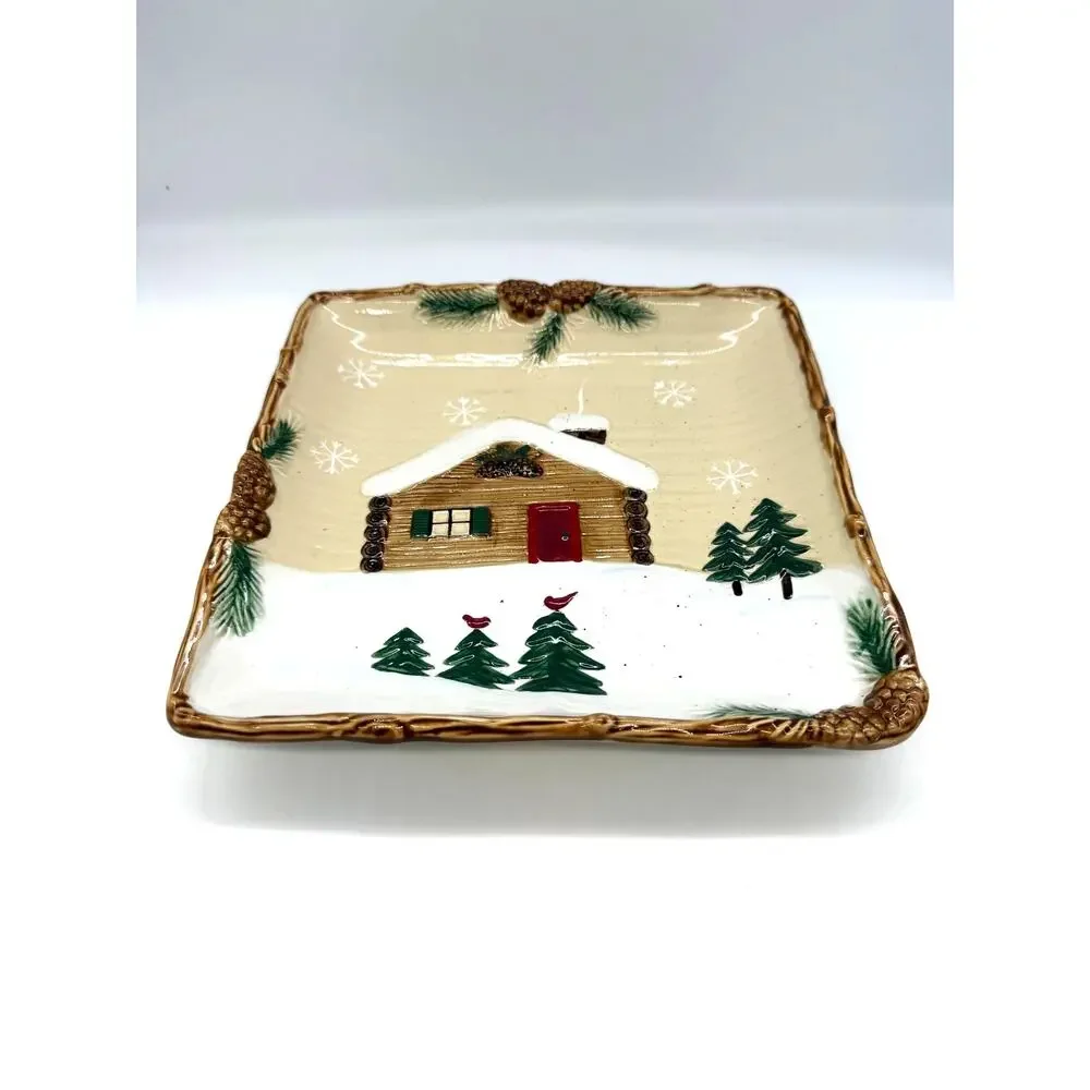 St. Nicholas Square Heartland Square Winter Log Cabin Salad Plate 9,25